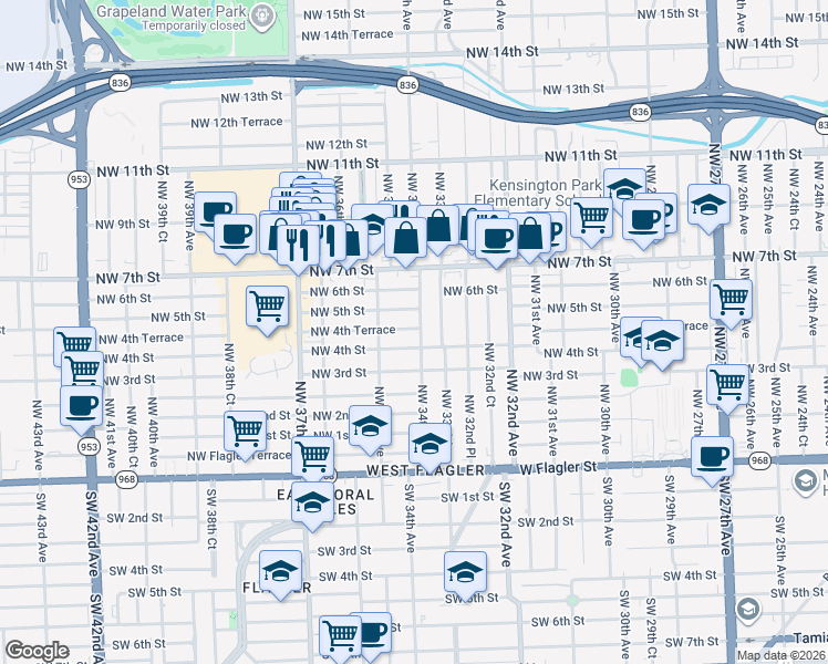 map of restaurants, bars, coffee shops, grocery stores, and more near 3428 Northwest 5th Street in Miami