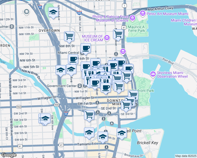 map of restaurants, bars, coffee shops, grocery stores, and more near 301 North Miami Avenue in Miami