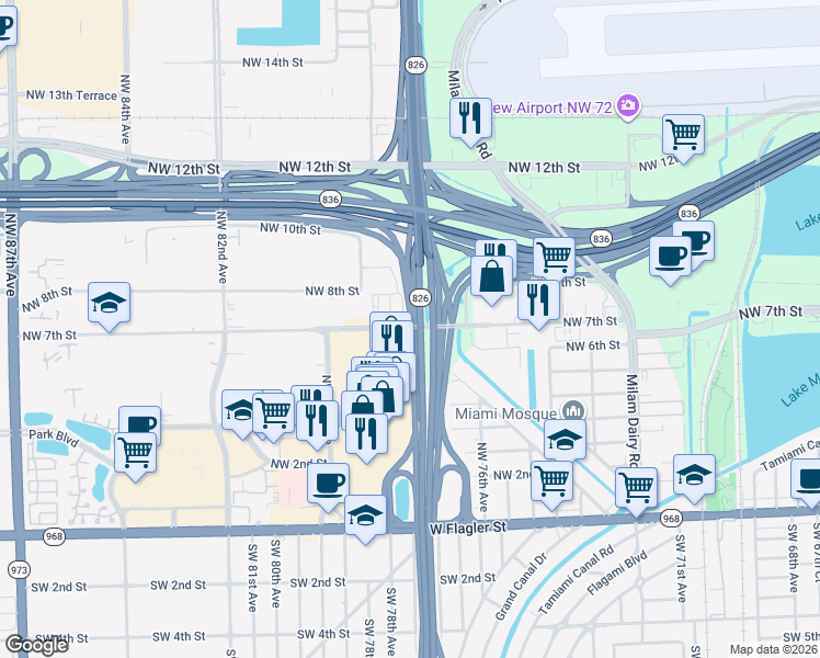 map of restaurants, bars, coffee shops, grocery stores, and more near 7707 Northwest 7th Street in Miami