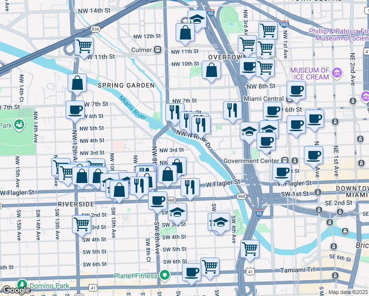 map of restaurants, bars, coffee shops, grocery stores, and more near 450 Northwest North River Drive in Miami