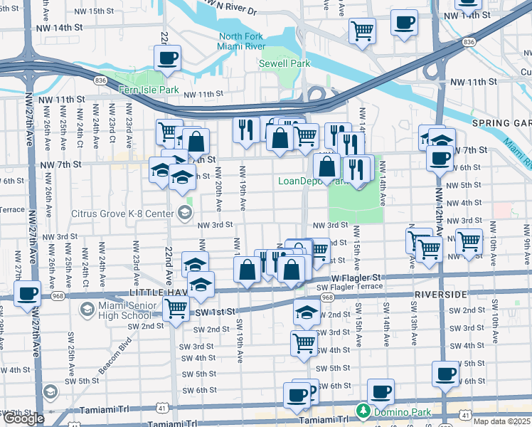 map of restaurants, bars, coffee shops, grocery stores, and more near 417 Northwest 18th Avenue in Miami