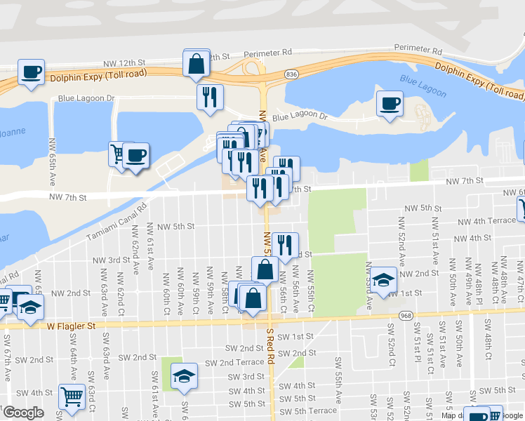 map of restaurants, bars, coffee shops, grocery stores, and more near 536 N Red Rd in Miami