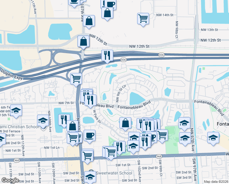 map of restaurants, bars, coffee shops, grocery stores, and more near 10303 Northwest 9th Street Circle in Miami
