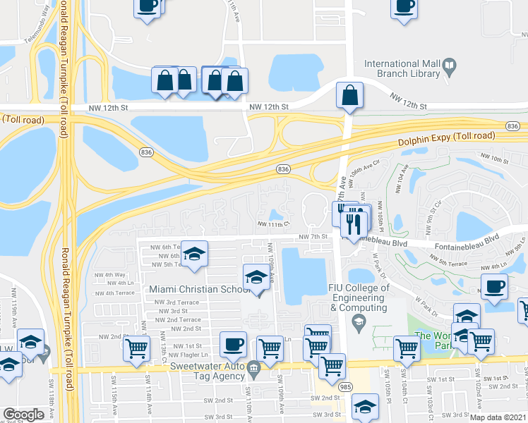 map of restaurants, bars, coffee shops, grocery stores, and more near 10885 Northwest 7th Street in Miami