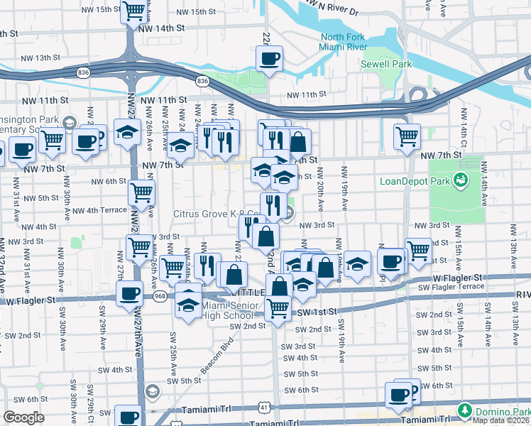 map of restaurants, bars, coffee shops, grocery stores, and more near 406 Northwest 22nd Avenue in Miami
