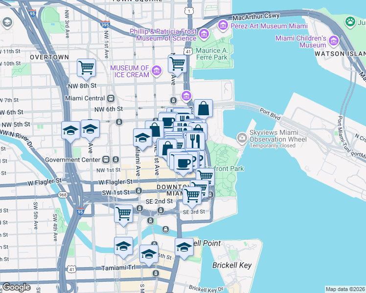 map of restaurants, bars, coffee shops, grocery stores, and more near 404 Northeast 2nd Avenue in Miami