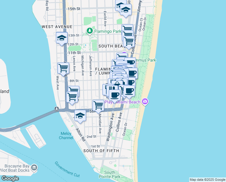 map of restaurants, bars, coffee shops, grocery stores, and more near 719 Euclid Avenue in Miami Beach