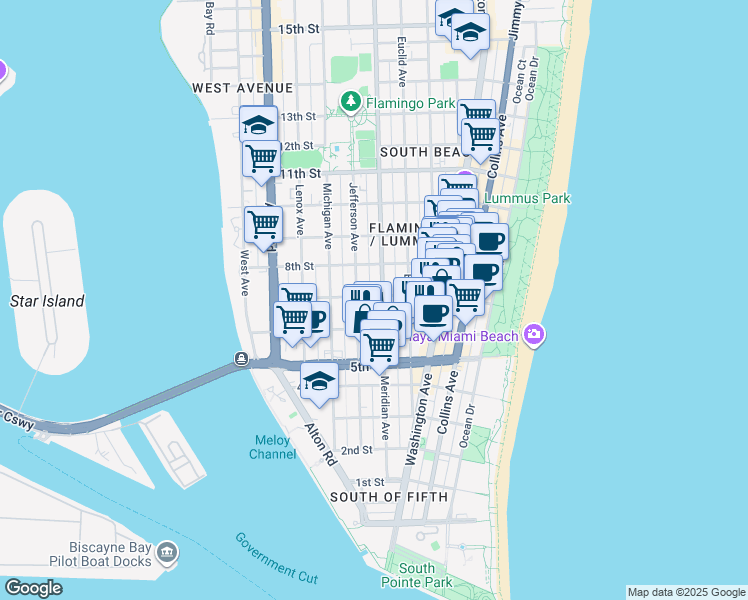 map of restaurants, bars, coffee shops, grocery stores, and more near 719 Meridian Avenue in Miami Beach