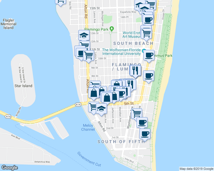 map of restaurants, bars, coffee shops, grocery stores, and more near 726 Jefferson Avenue in Miami Beach