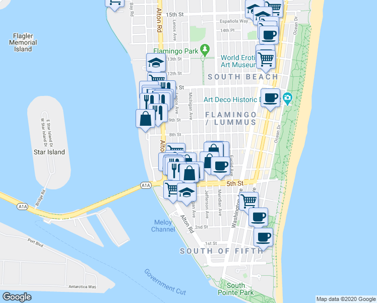 map of restaurants, bars, coffee shops, grocery stores, and more near 725 Lenox Avenue in Miami Beach
