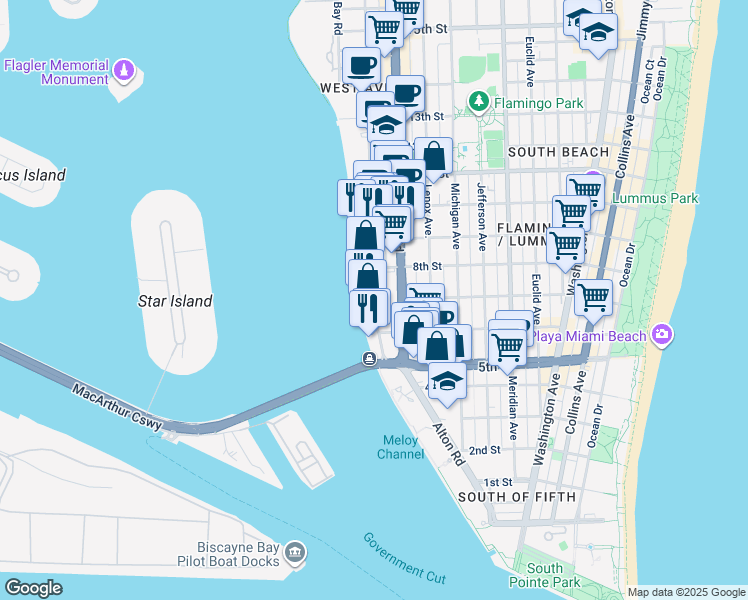map of restaurants, bars, coffee shops, grocery stores, and more near in Miami Beach