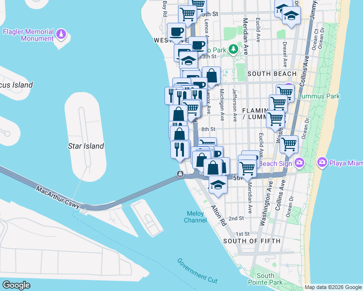 map of restaurants, bars, coffee shops, grocery stores, and more near in Miami Beach