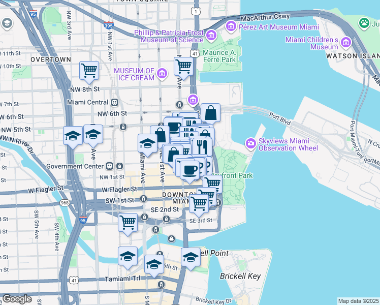 map of restaurants, bars, coffee shops, grocery stores, and more near 404 Northeast 2nd Avenue in Miami