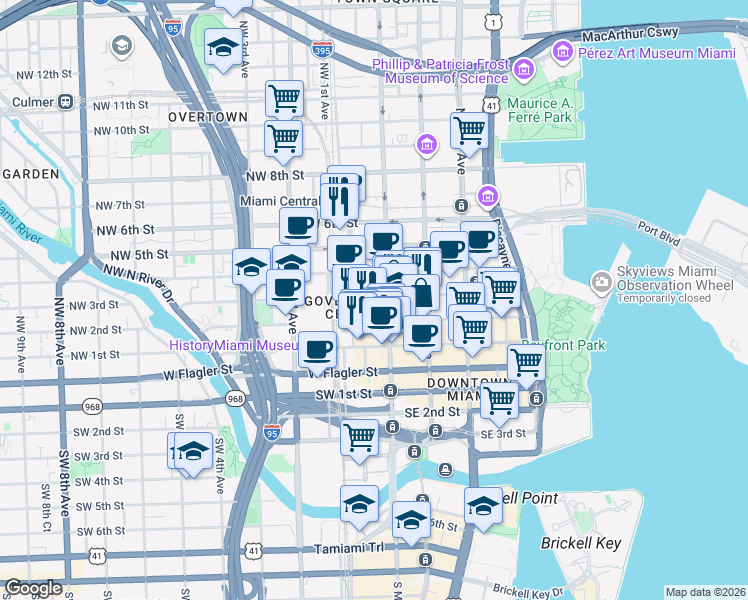 map of restaurants, bars, coffee shops, grocery stores, and more near 400 Northwest 1st Avenue in Miami