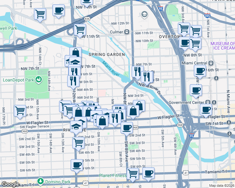 map of restaurants, bars, coffee shops, grocery stores, and more near in Miami