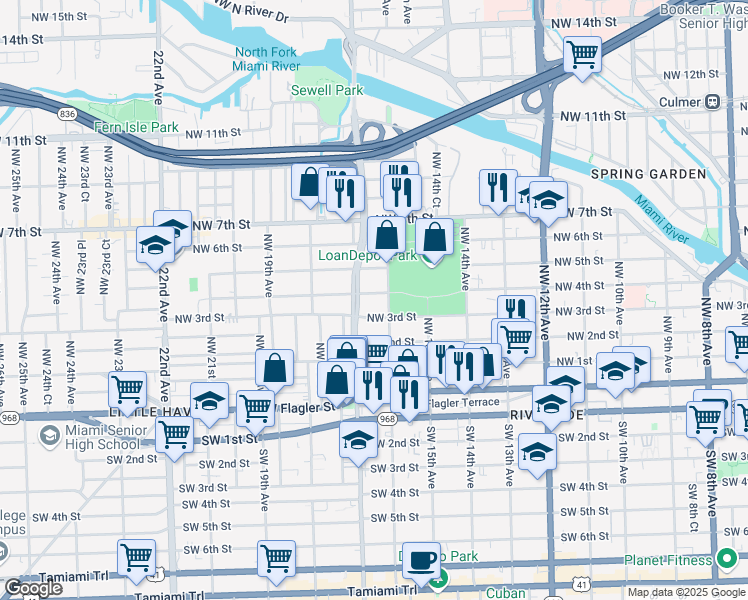 map of restaurants, bars, coffee shops, grocery stores, and more near 330 Northwest 16th Avenue in Miami