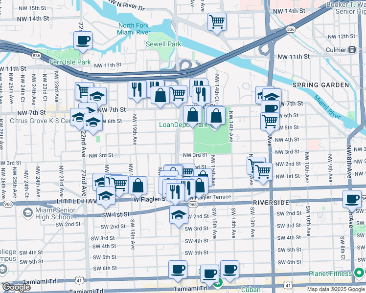 map of restaurants, bars, coffee shops, grocery stores, and more near 420 Northwest 17th Avenue in Miami