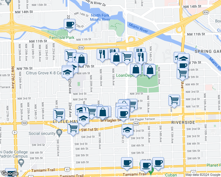 map of restaurants, bars, coffee shops, grocery stores, and more near 417 Northwest 18th Avenue in Miami
