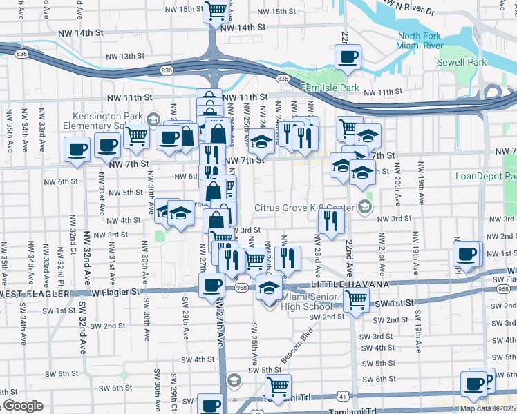 map of restaurants, bars, coffee shops, grocery stores, and more near 2460 Northwest 5th Street in Miami