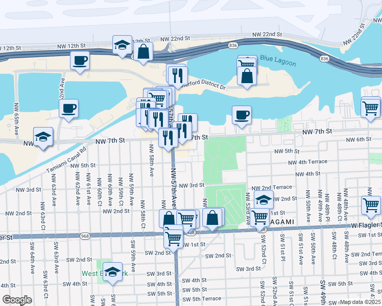 map of restaurants, bars, coffee shops, grocery stores, and more near 645 Northwest 57th Avenue in Miami