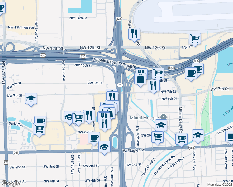 map of restaurants, bars, coffee shops, grocery stores, and more near 700-782 Northwest 76th Avenue in Miami