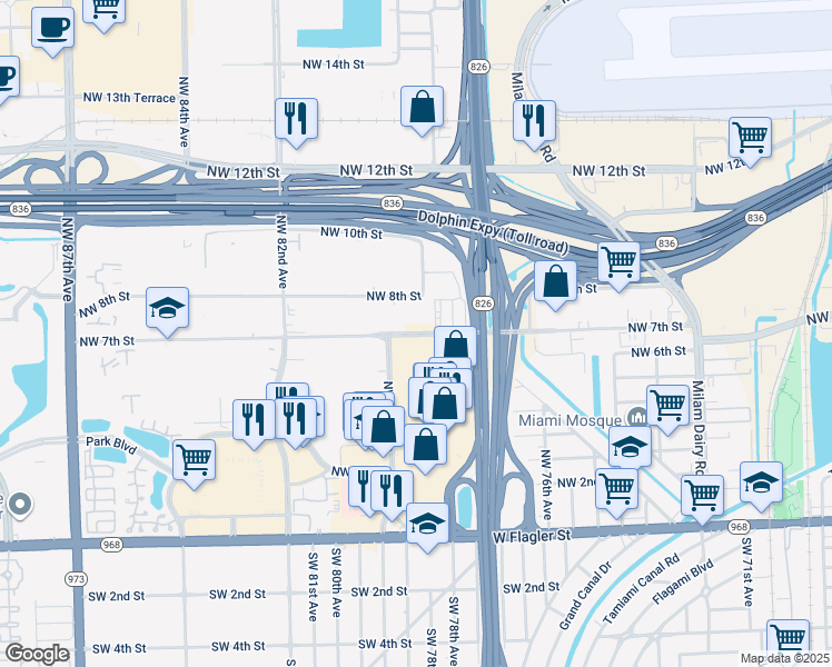 map of restaurants, bars, coffee shops, grocery stores, and more near 7993 Northwest 7th Street in Miami