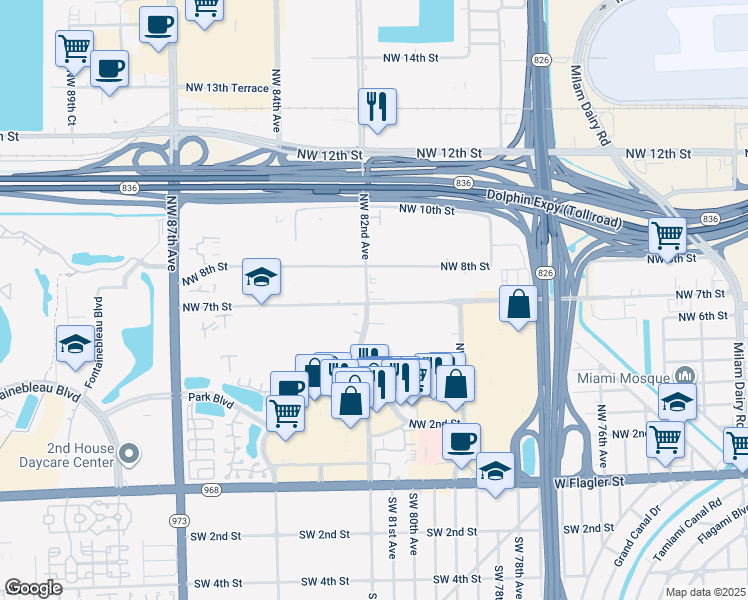 map of restaurants, bars, coffee shops, grocery stores, and more near 8185 Northwest 7th Street in Miami