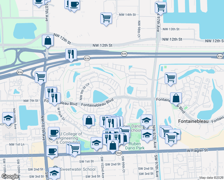 map of restaurants, bars, coffee shops, grocery stores, and more near 9995 Northwest 9th Street Circle in Miami