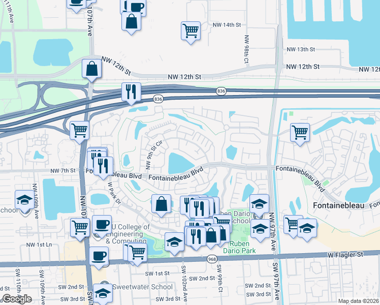 map of restaurants, bars, coffee shops, grocery stores, and more near 10040 Northwest 9th Street Circle in Miami