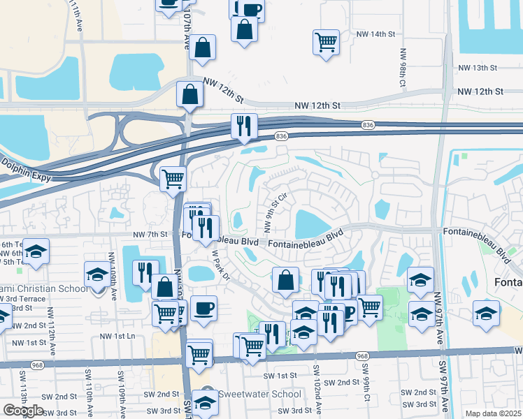 map of restaurants, bars, coffee shops, grocery stores, and more near 10303 Northwest 9th Street Circle in Miami