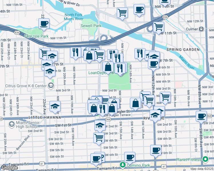 map of restaurants, bars, coffee shops, grocery stores, and more near 330 Northwest 16th Avenue in Miami