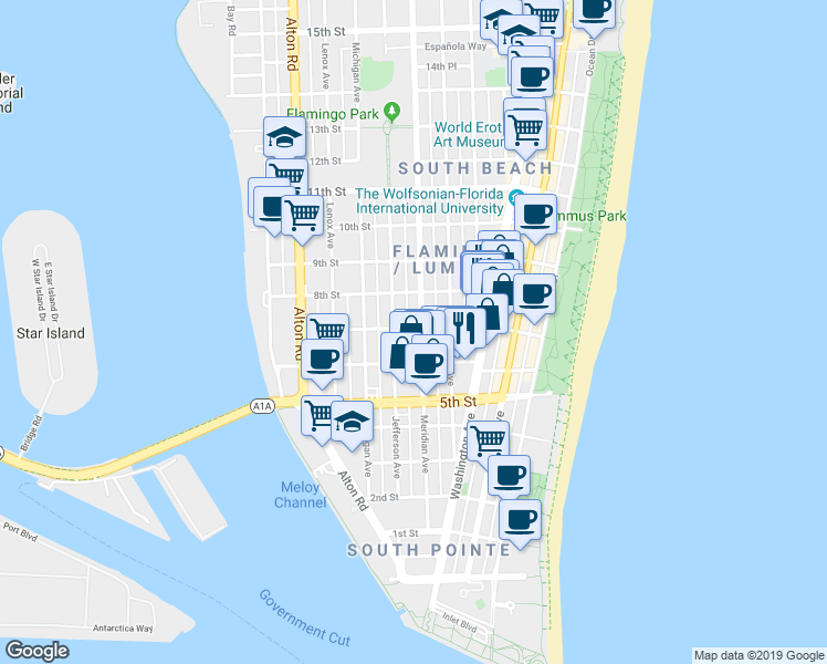 map of restaurants, bars, coffee shops, grocery stores, and more near 719 Meridian Avenue in Miami Beach