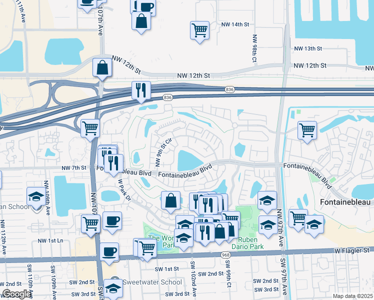 map of restaurants, bars, coffee shops, grocery stores, and more near 10040 Northwest 9th Street Circle in Miami