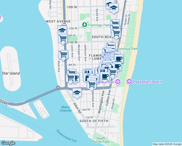 map of restaurants, bars, coffee shops, grocery stores, and more near 719 Meridian Avenue in Miami Beach