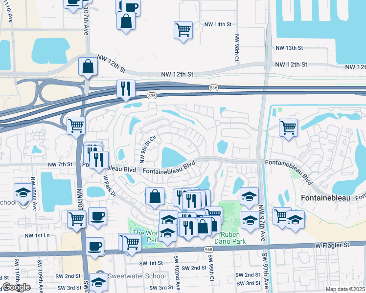 map of restaurants, bars, coffee shops, grocery stores, and more near 10040 Northwest 9th Street Circle in Miami
