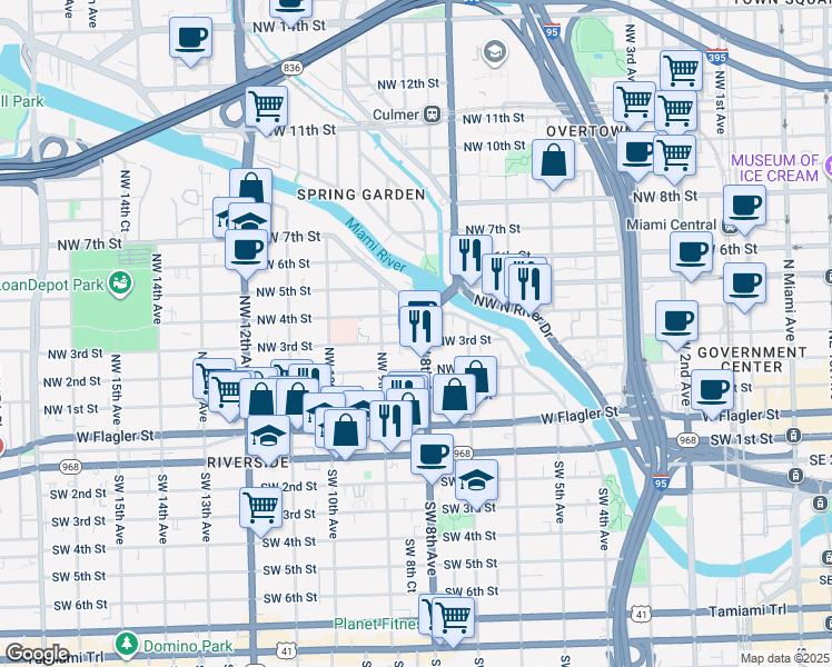 map of restaurants, bars, coffee shops, grocery stores, and more near 300 Northwest 8th Avenue in Miami
