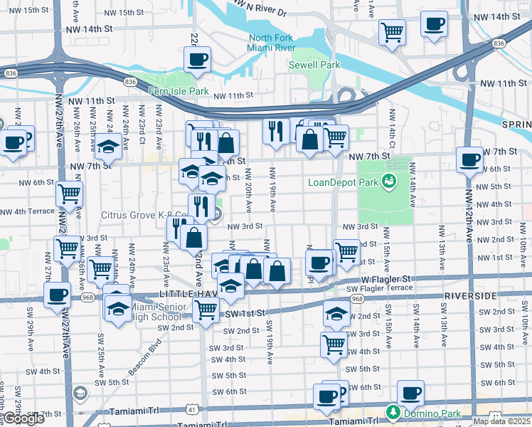 map of restaurants, bars, coffee shops, grocery stores, and more near 415 Northwest 20th Avenue in Miami