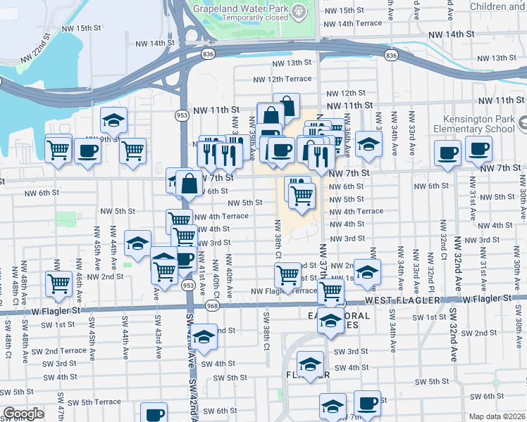 map of restaurants, bars, coffee shops, grocery stores, and more near 3889 Northwest 5th Street in Miami