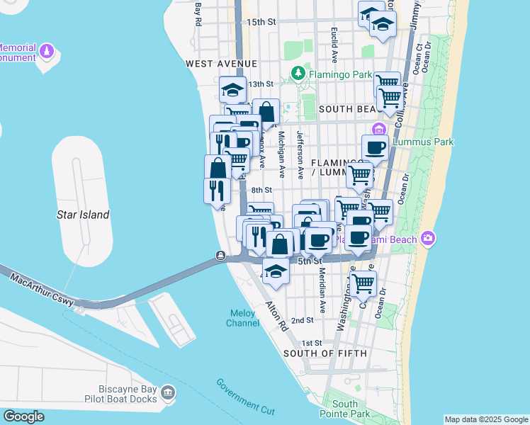 map of restaurants, bars, coffee shops, grocery stores, and more near Lenox Ave & 7th St in Miami Beach