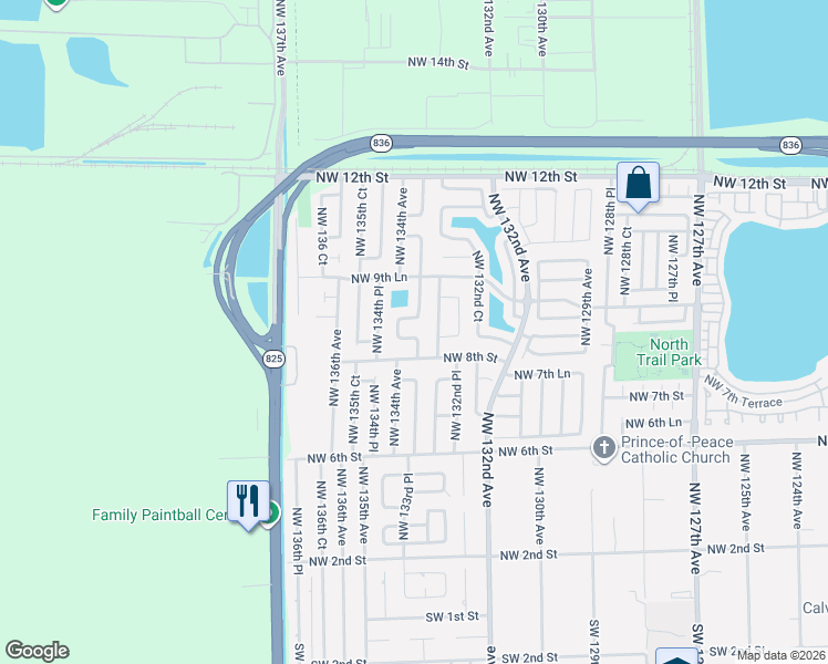 map of restaurants, bars, coffee shops, grocery stores, and more near 13363 Northwest 8th Lane in Miami