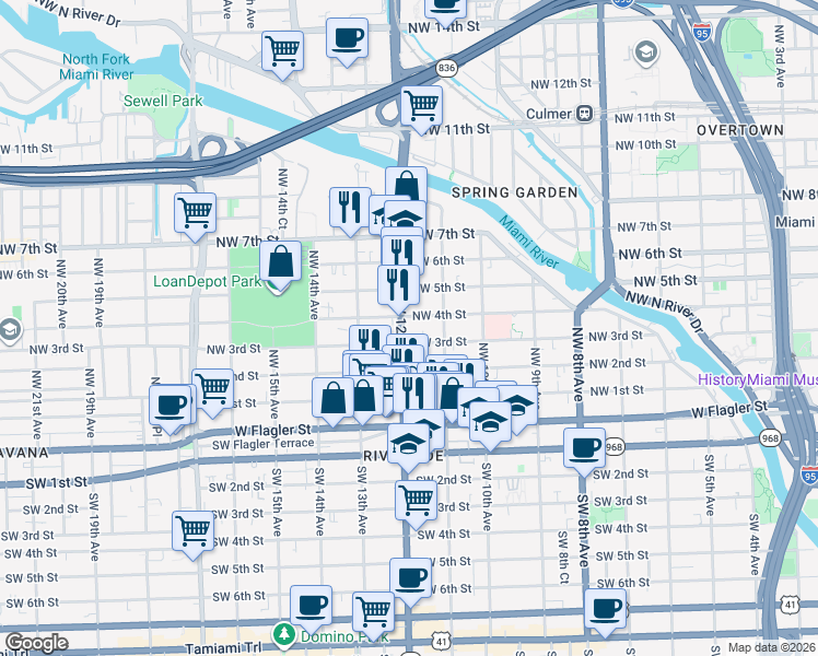 map of restaurants, bars, coffee shops, grocery stores, and more near 1151 Northwest 4th Street in Miami
