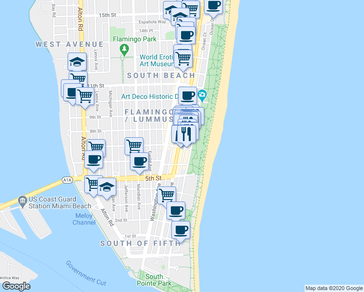 map of restaurants, bars, coffee shops, grocery stores, and more near in Miami Beach
