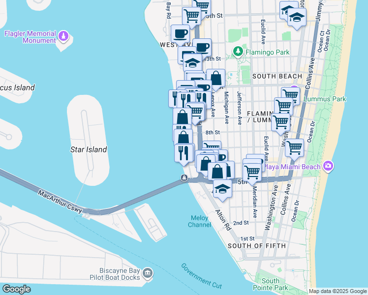 map of restaurants, bars, coffee shops, grocery stores, and more near in Miami Beach