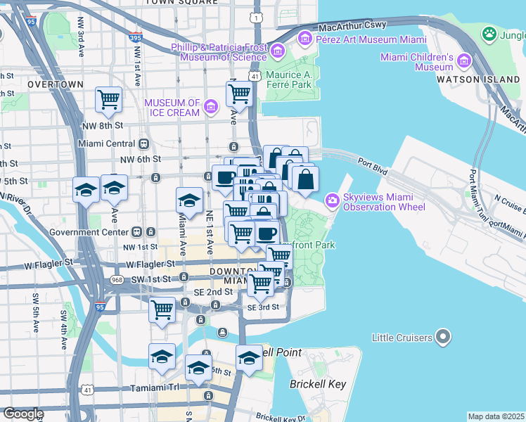 map of restaurants, bars, coffee shops, grocery stores, and more near 244 Biscayne Boulevard in Miami