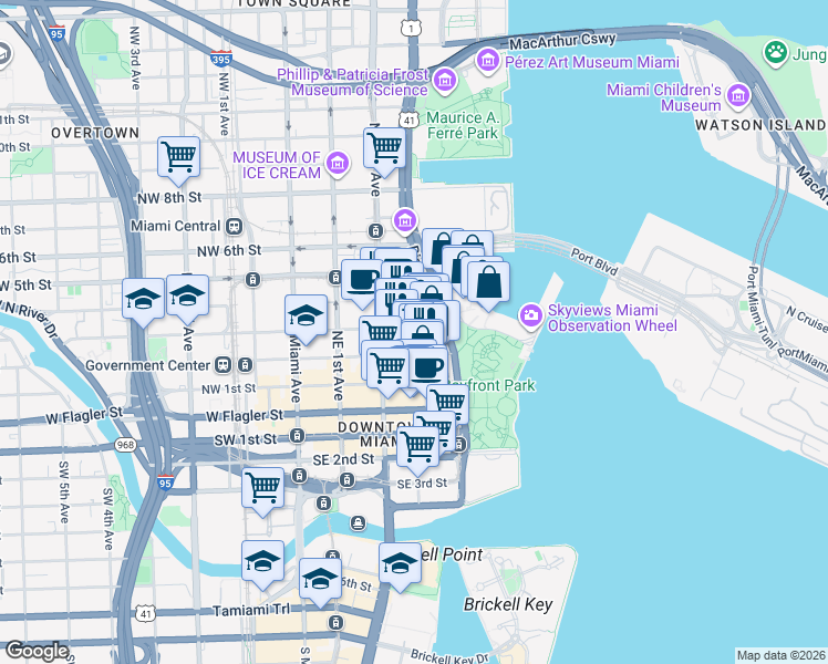 map of restaurants, bars, coffee shops, grocery stores, and more near 244 Biscayne Boulevard in Miami