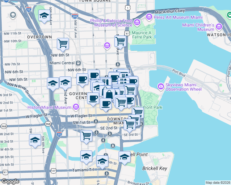 map of restaurants, bars, coffee shops, grocery stores, and more near 141 Northeast 3rd Street in Miami