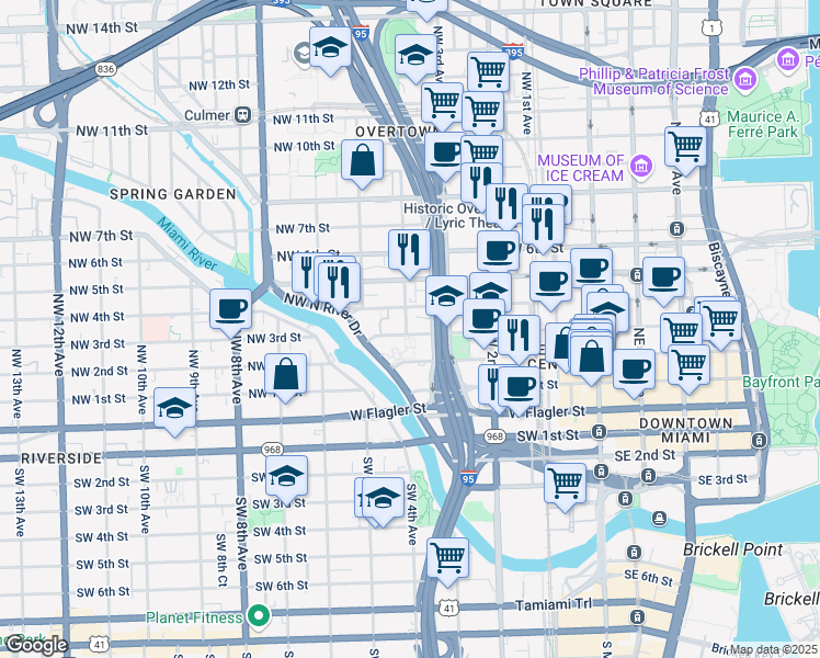 map of restaurants, bars, coffee shops, grocery stores, and more near 350 Northwest 4th Avenue in Miami