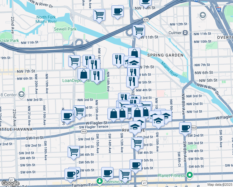 map of restaurants, bars, coffee shops, grocery stores, and more near 1321 Northwest 4th Street in Miami