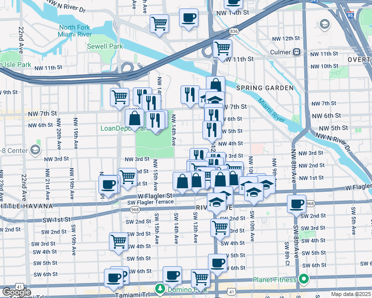 map of restaurants, bars, coffee shops, grocery stores, and more near 1321 Northwest 4th Street in Miami