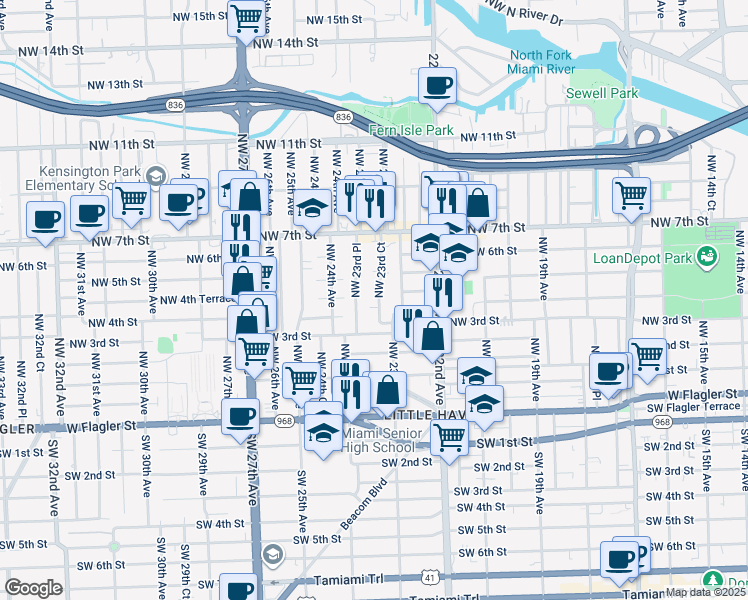 map of restaurants, bars, coffee shops, grocery stores, and more near 451 Northwest 23rd Court in Miami